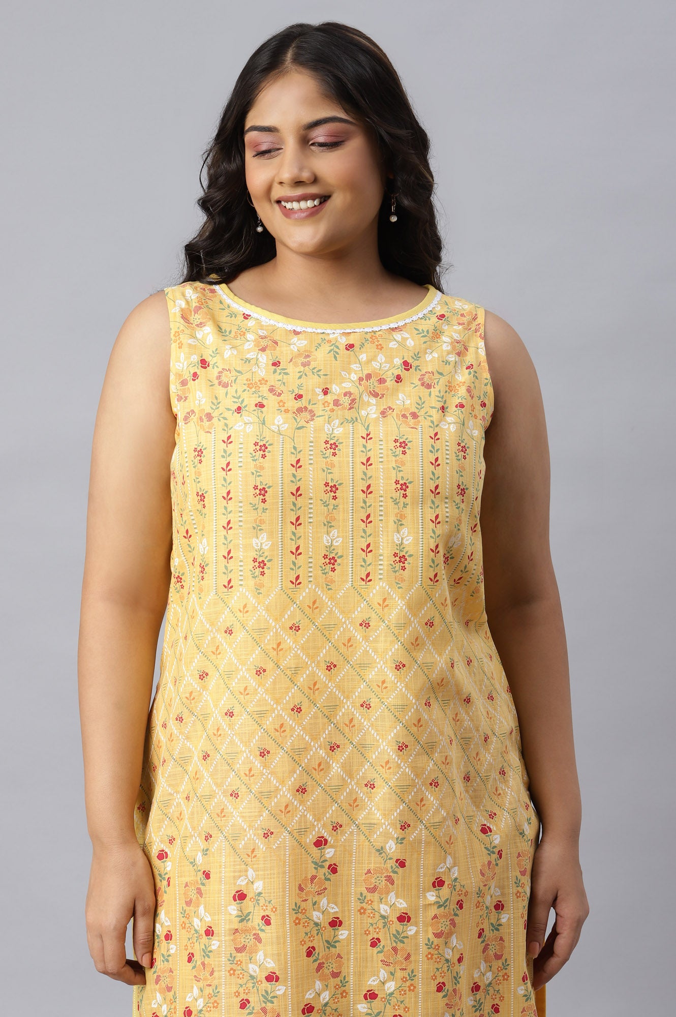 Yellow Cotton Sleeveless Plus Size kurta