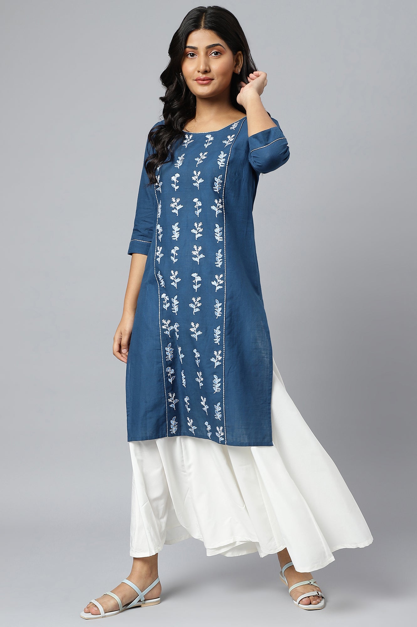 Navy Blue Cotton Embroidered Plus Size kurta