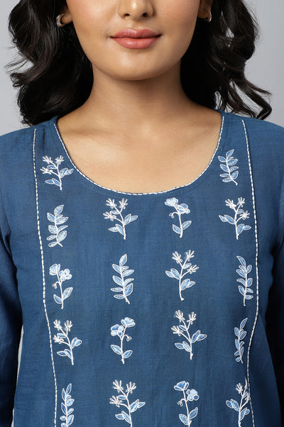 Blue Thread Embroidery Pure Cotton Straight Kurta and Trouser Set
