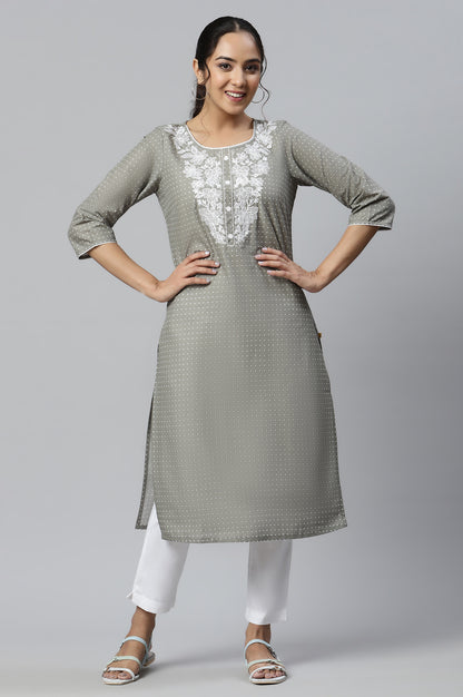 Grey Embroidered Round Neck Ethnic kurta