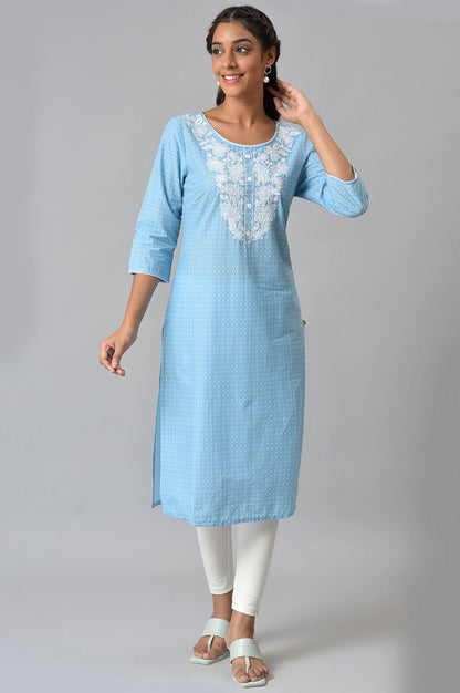 Blue Embroidered Round Neck Ethnic kurta