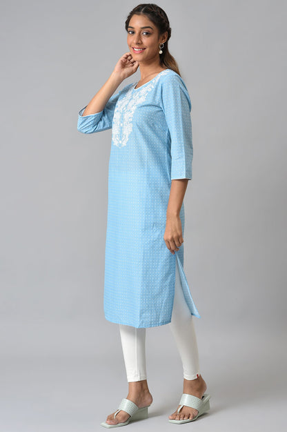 Blue Embroidered Round Neck Ethnic kurta