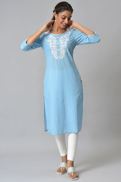 Blue Embroidered Round Neck Ethnic kurta