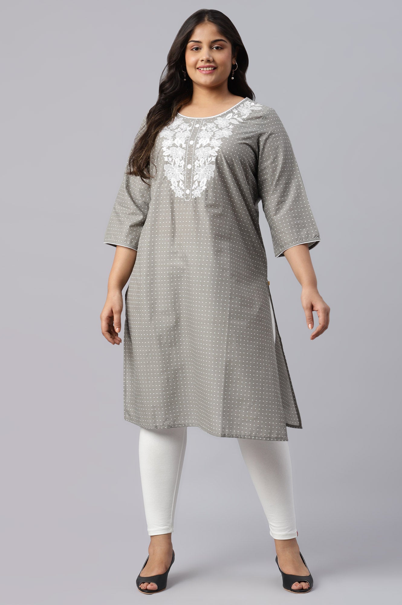 Grey Yarn-Dyed Mandarin Collar Plus Size kurta