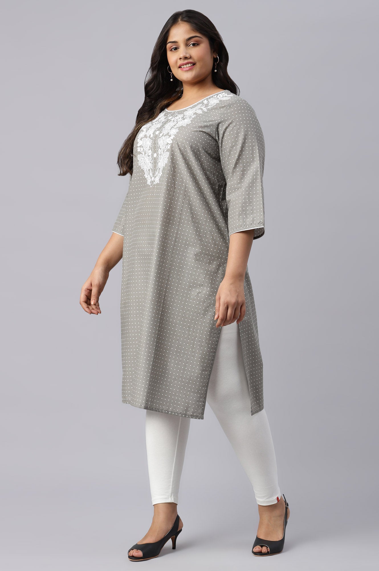 Grey Yarn-Dyed Mandarin Collar Plus Size kurta