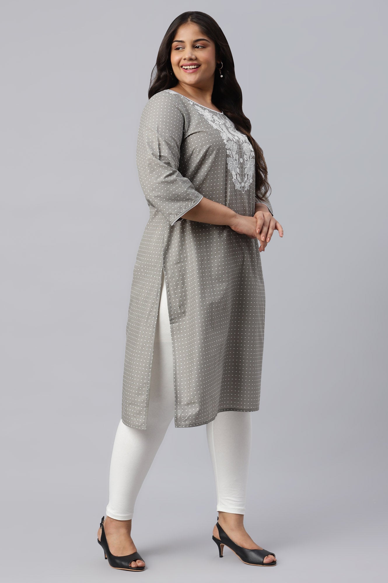 Grey Yarn-Dyed Mandarin Collar Plus Size kurta