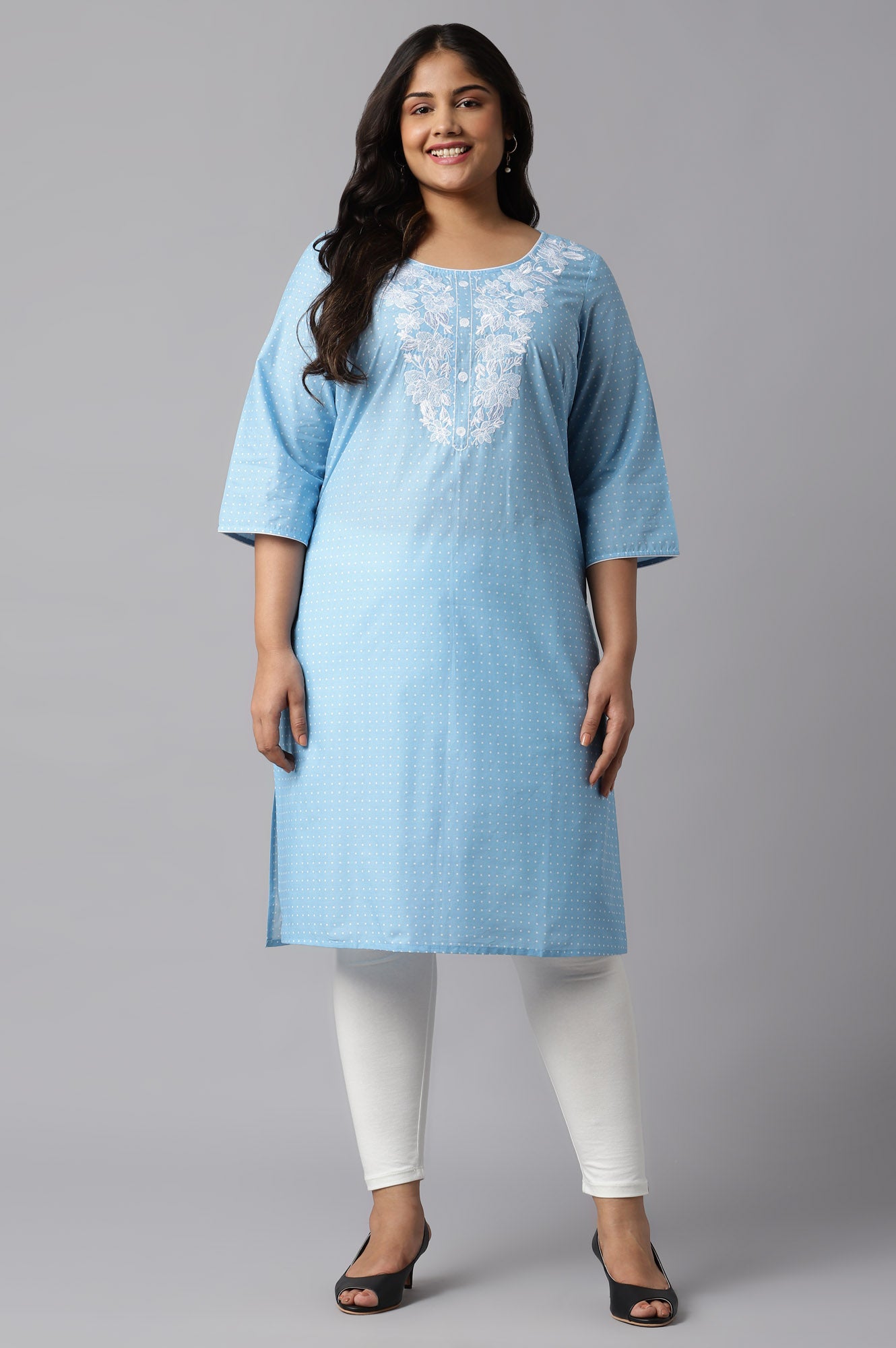 Ice Blue Yarn-Dyed Mandarin Collar Plus Size kurta