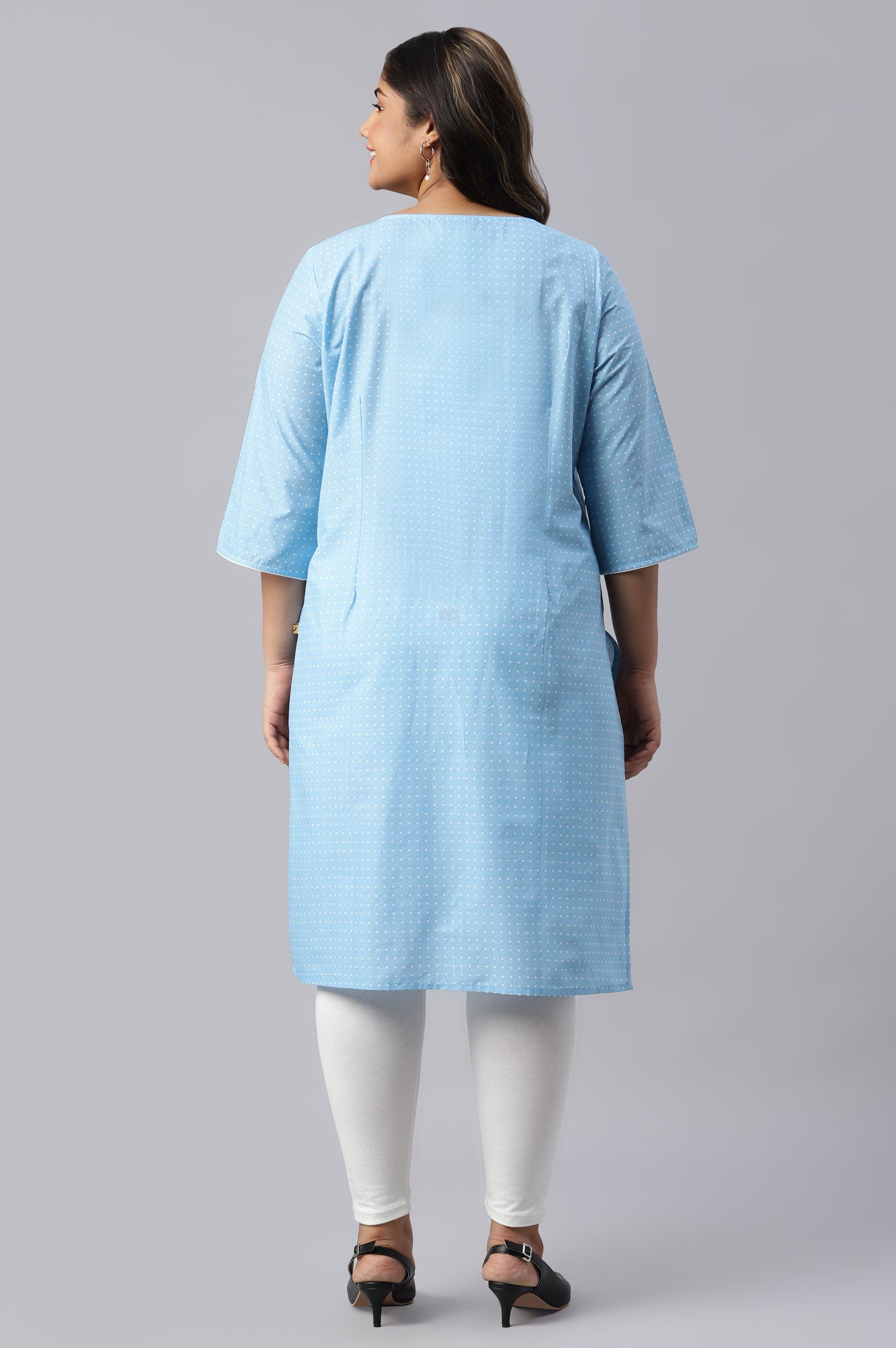 Ice Blue Yarn-Dyed Mandarin Collar Plus Size kurta