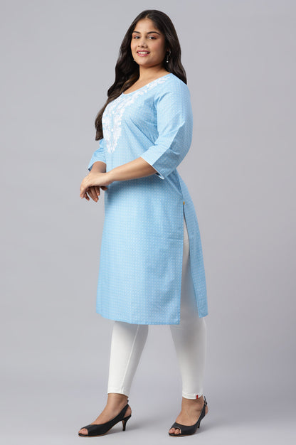 Ice Blue Yarn-Dyed Mandarin Collar Plus Size kurta