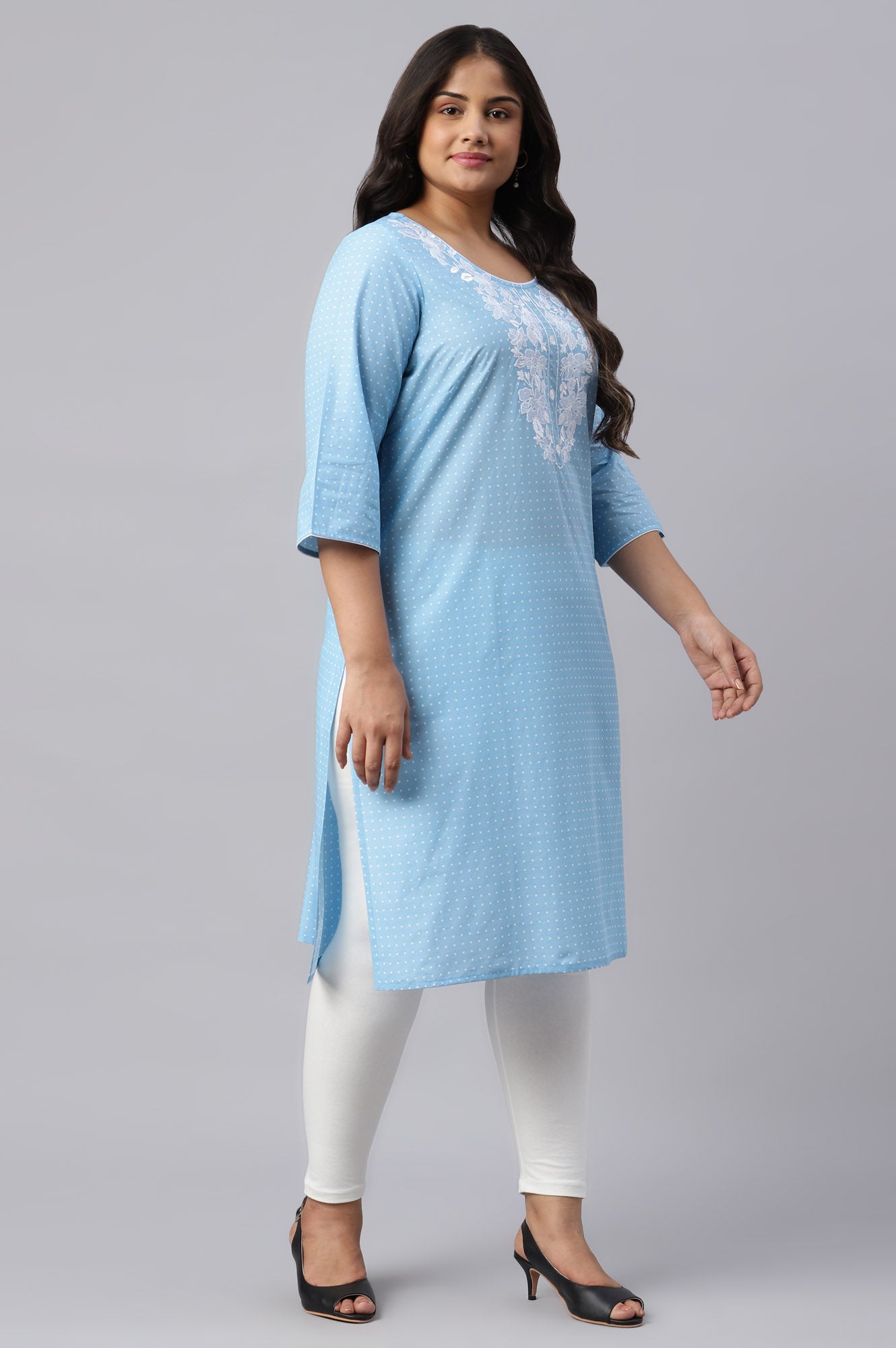 Ice Blue Yarn-Dyed Mandarin Collar Plus Size kurta