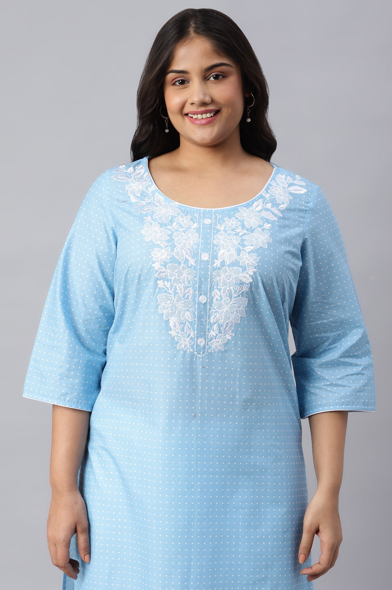 Ice Blue Yarn-Dyed Mandarin Collar Plus Size kurta