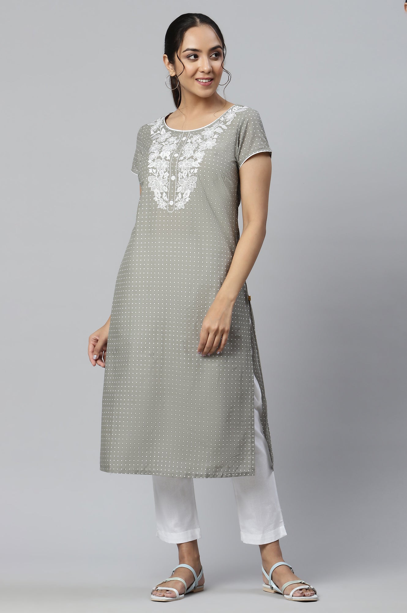 Grey Embroidered Round Neck Ethnic Kurta