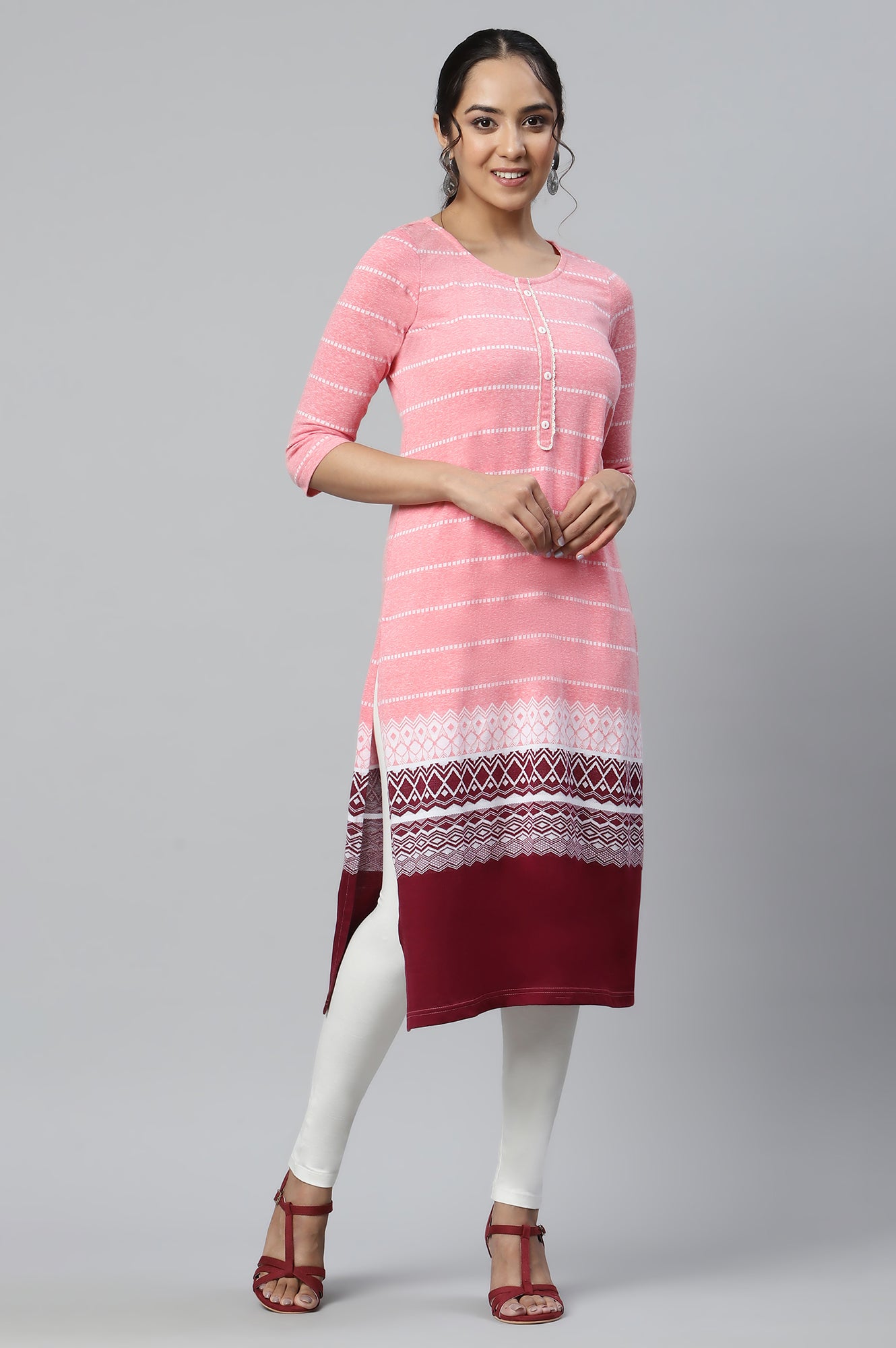 Peach Jacquard Knitted kurta