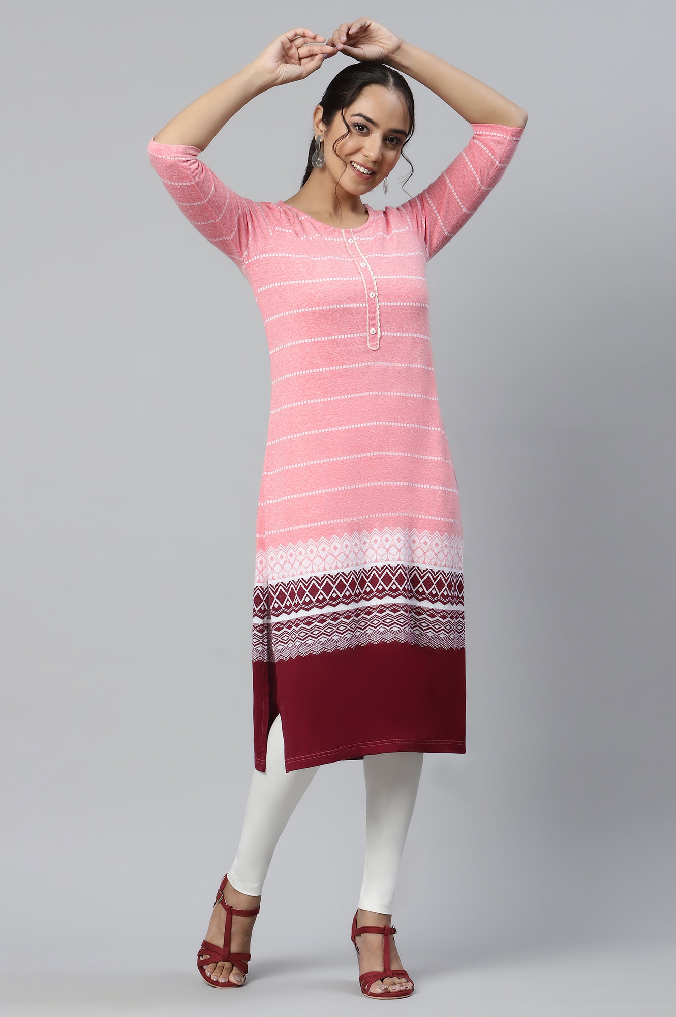 Peach Jacquard Knitted kurta