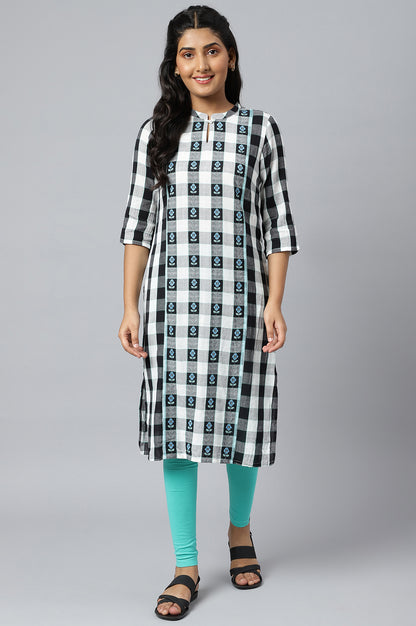 White Checker Print kurta in Mandarin Collar