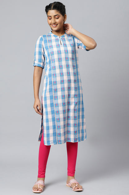 Pink and Blue Checker Print Dobby kurta