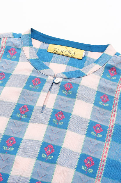 Pink and Blue Checker Print Dobby kurta