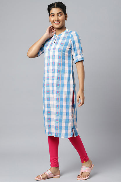 Pink and Blue Checker Print Dobby kurta