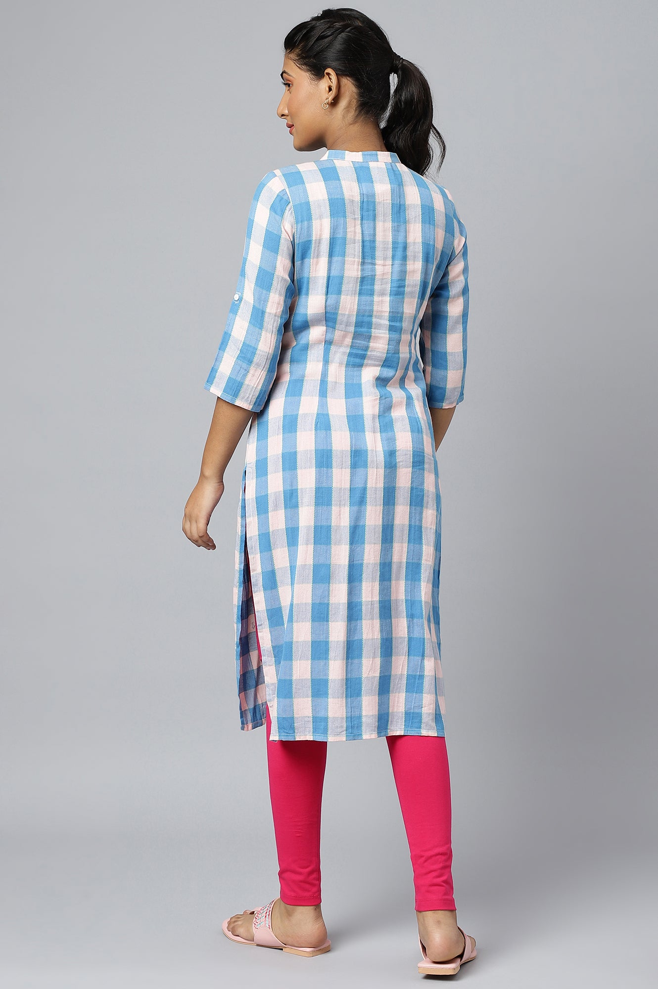 Pink and Blue Checker Print Dobby kurta