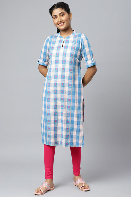 Pink and Blue Checker Print Dobby kurta