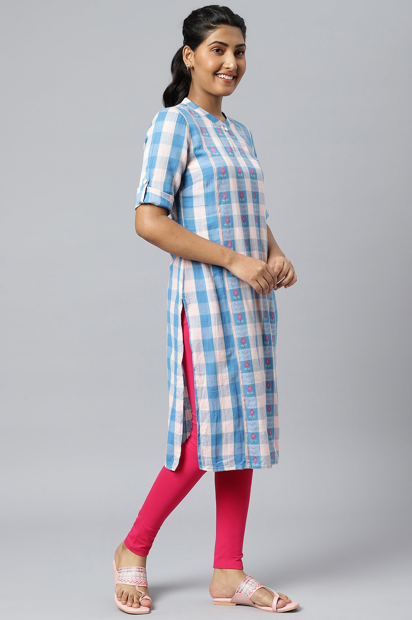 Pink and Blue Checker Print Dobby kurta