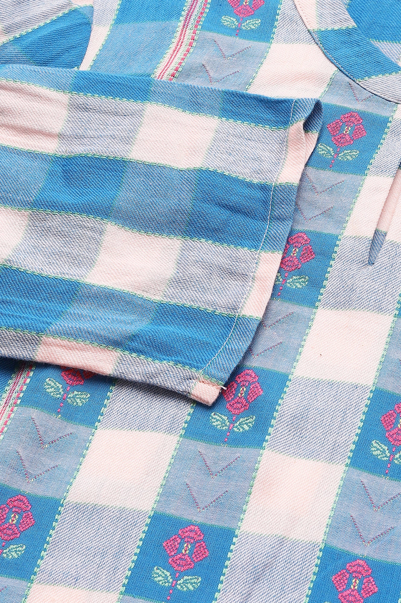 Pink and Blue Checker Print Dobby kurta