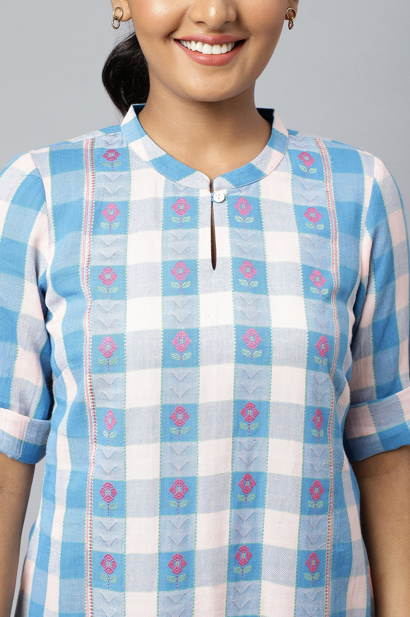 Pink and Blue Checker Print Dobby kurta