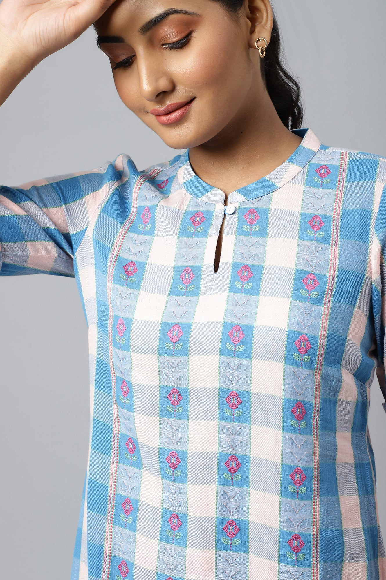 Pink and Blue Checker Print Dobby kurta