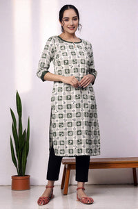 Green Checker &amp; Floral Printed Keyhole Neck Rayon Twill Straight Kurta