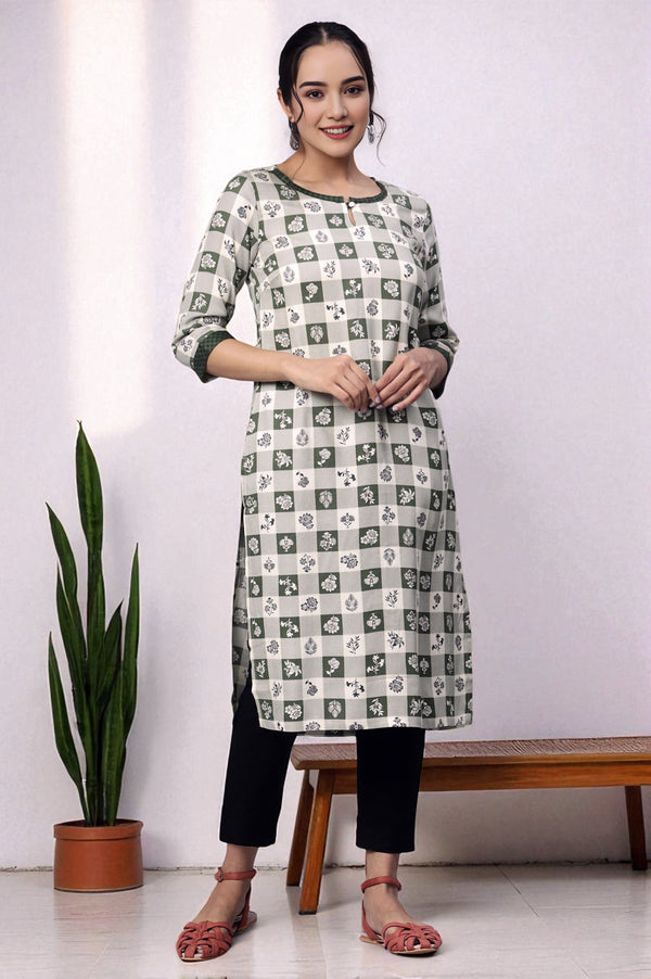 Green Checker & Floral Printed Keyhole Neck Rayon Twill Straight Kurta
