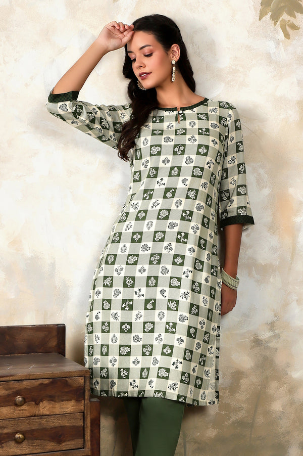 Green Checker & Floral Printed Keyhole Neck Rayon Twill Straight Kurta