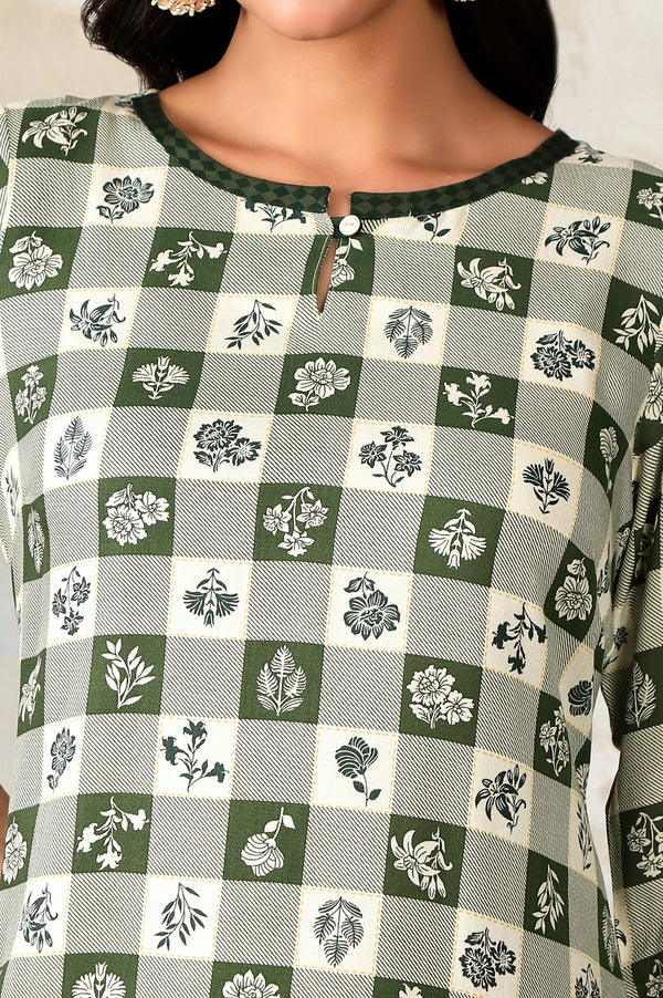Green Checker & Floral Printed Keyhole Neck Rayon Twill Straight Kurta