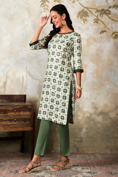 Green Checker & Floral Printed Keyhole Neck Rayon Twill Straight Kurta