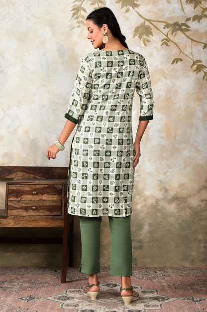 Green Checker &amp; Floral Printed Keyhole Neck Rayon Twill Straight Kurta