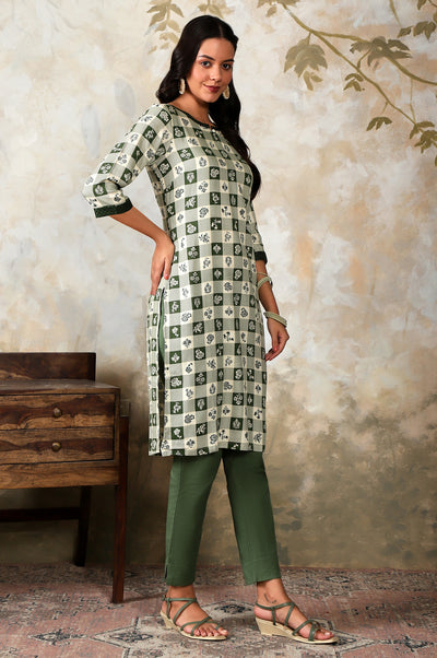 Green Checker & Floral Printed Keyhole Neck Rayon Twill Straight Kurta