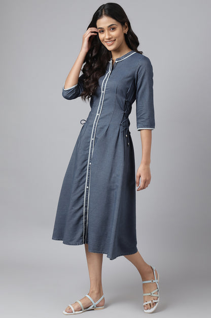 Blue Denim Printed Calf-Length Dress