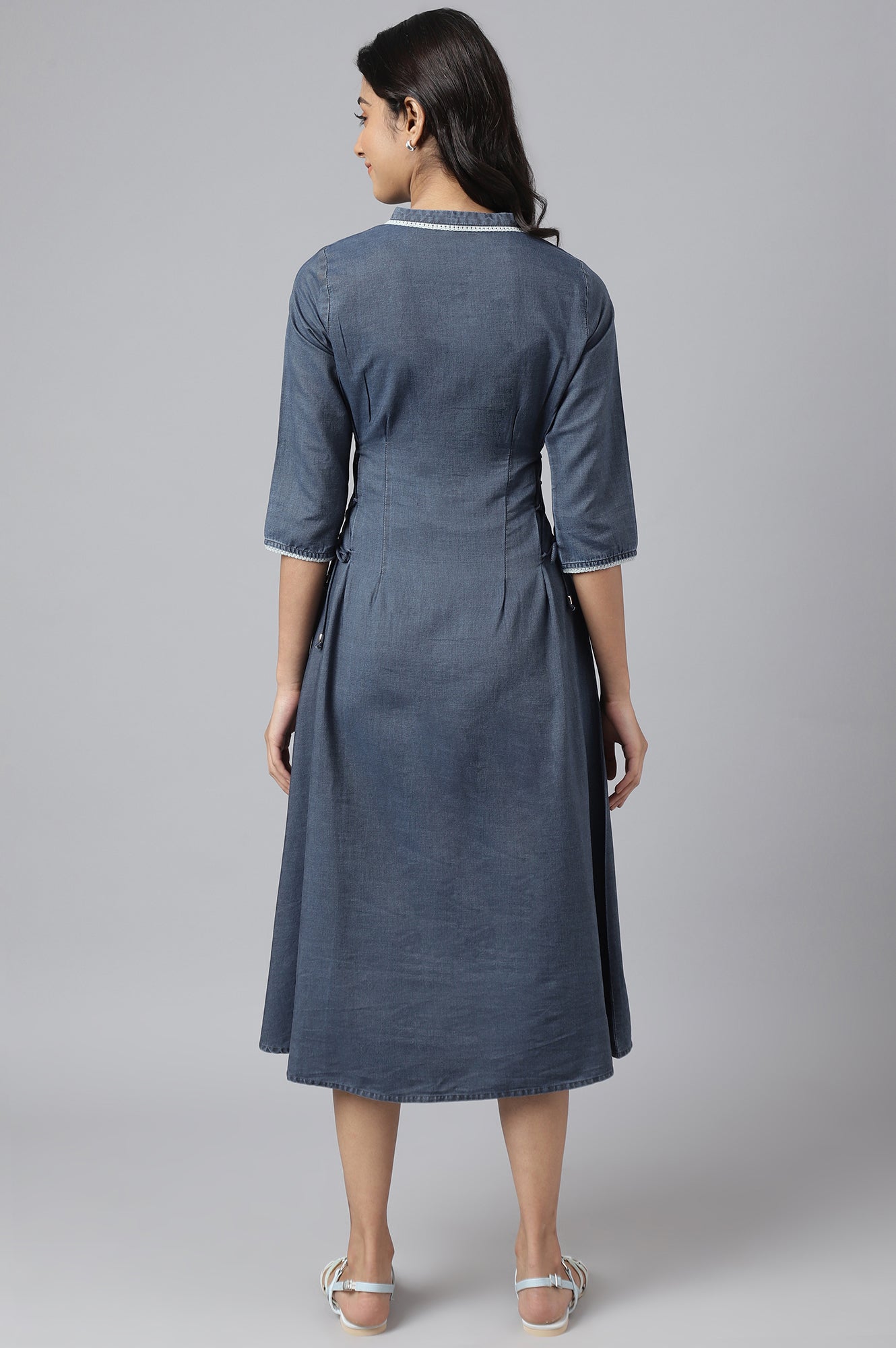 Blue Denim Printed Calf-Length Dress