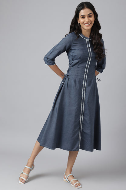 Blue Denim Printed Calf-Length Dress