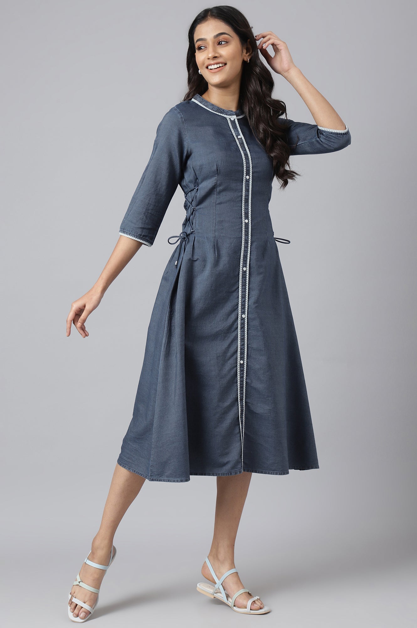 Blue Denim Printed Calf-Length Dress