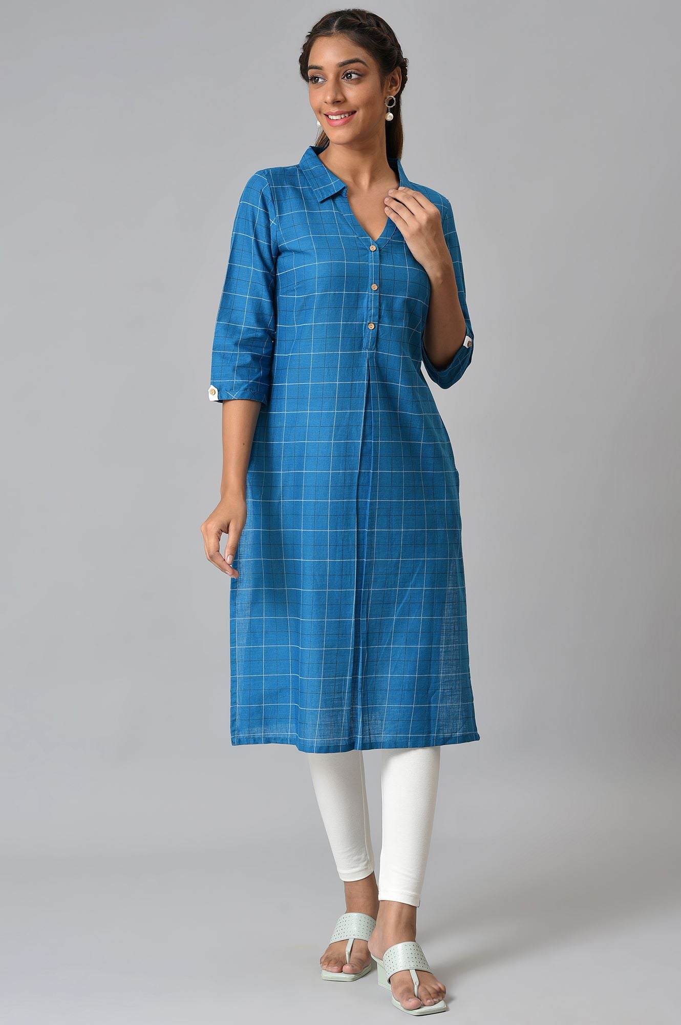 Blue Check Printed Shirt Collar kurta