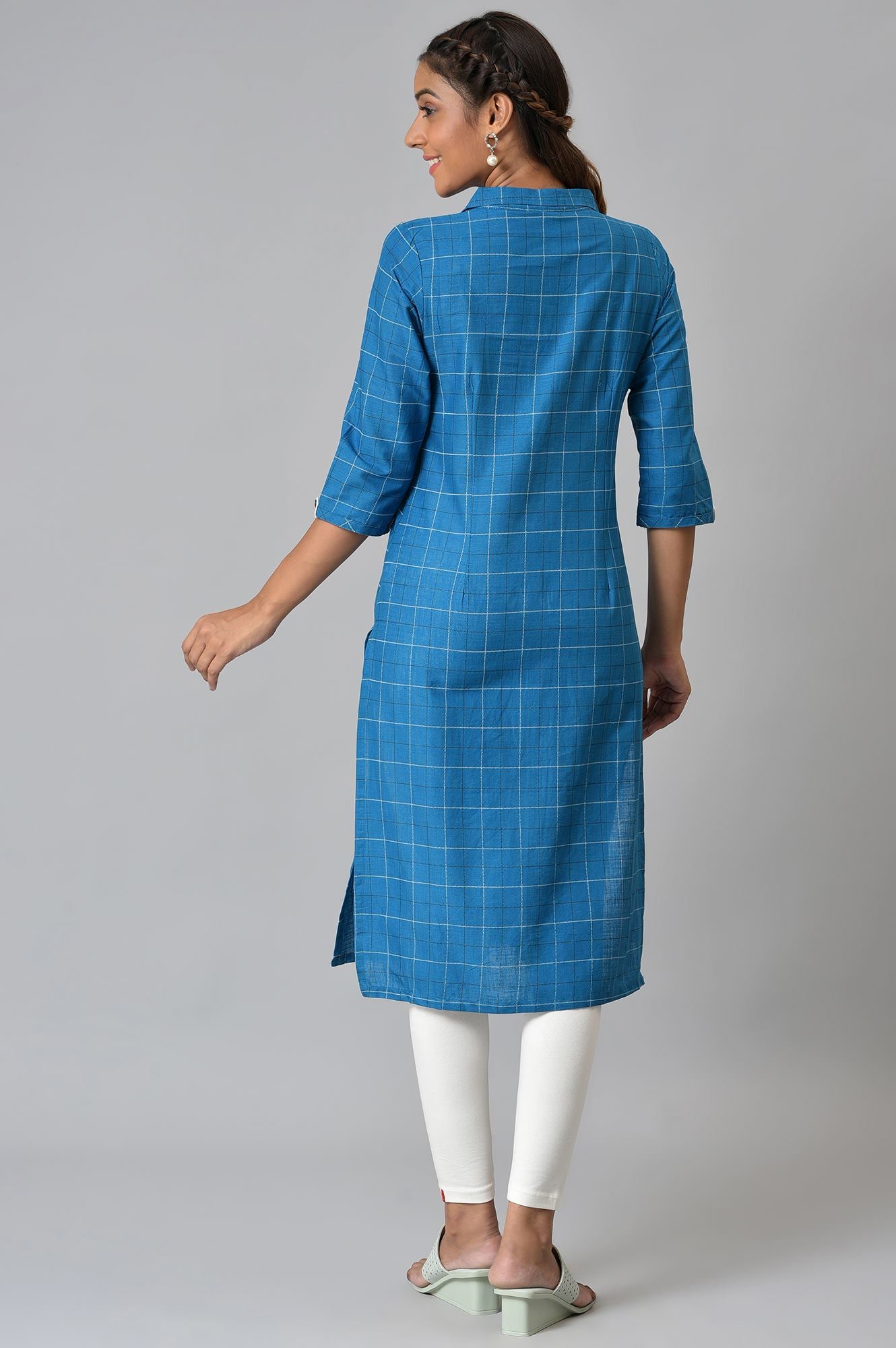 Blue Check Printed Shirt Collar kurta