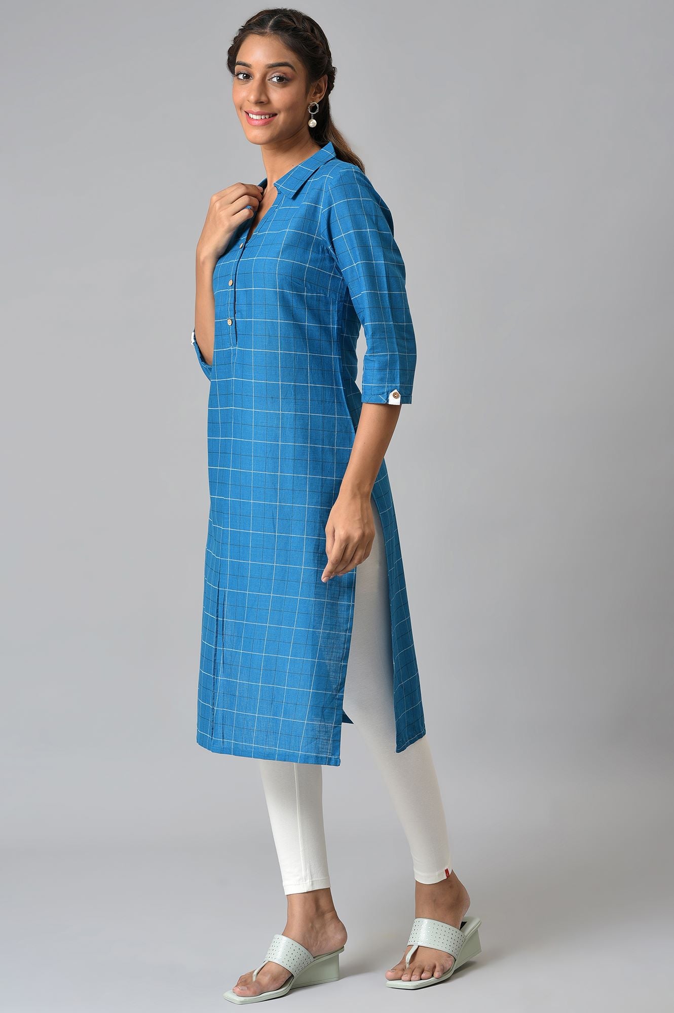 Blue Check Printed Shirt Collar kurta