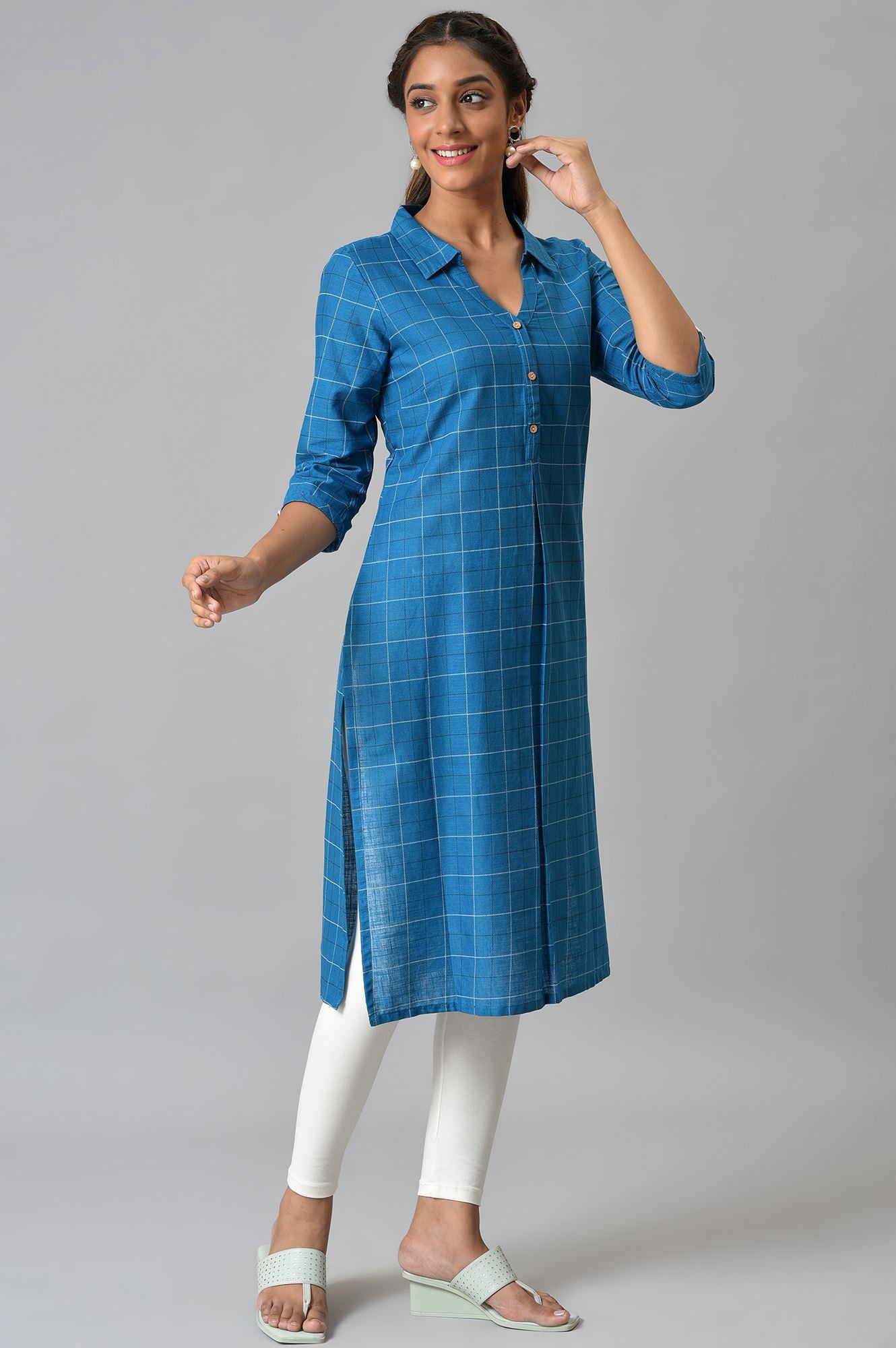 Blue Check Printed Shirt Collar kurta