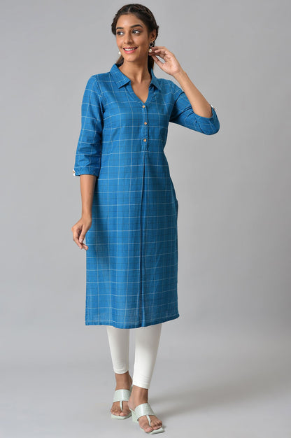 Blue Check Printed Shirt Collar kurta