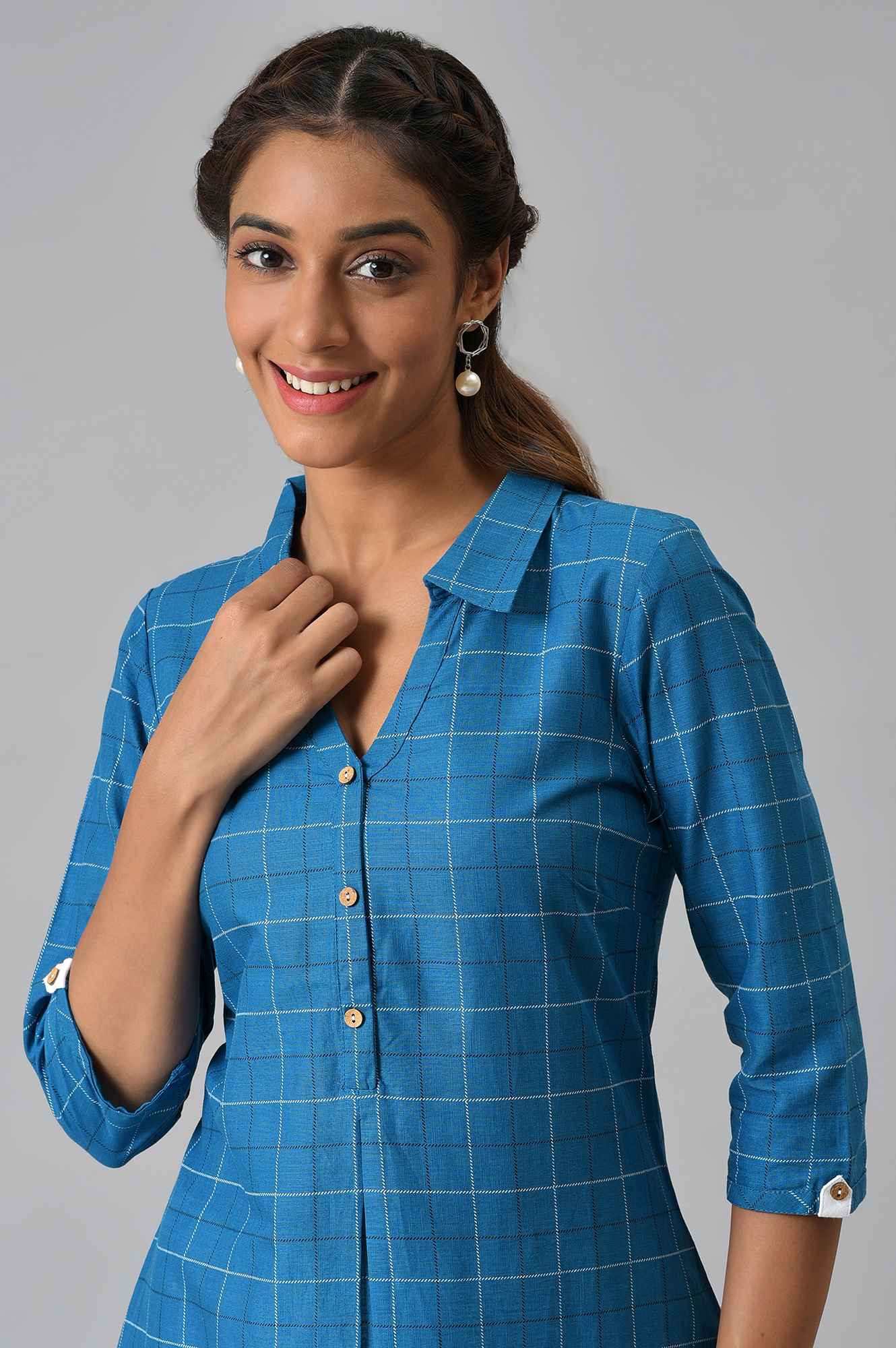 Blue Check Printed Shirt Collar kurta