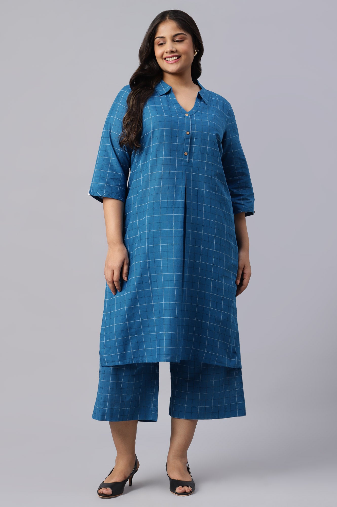 Blue Check Print Shirt Collar Plus Size kurta