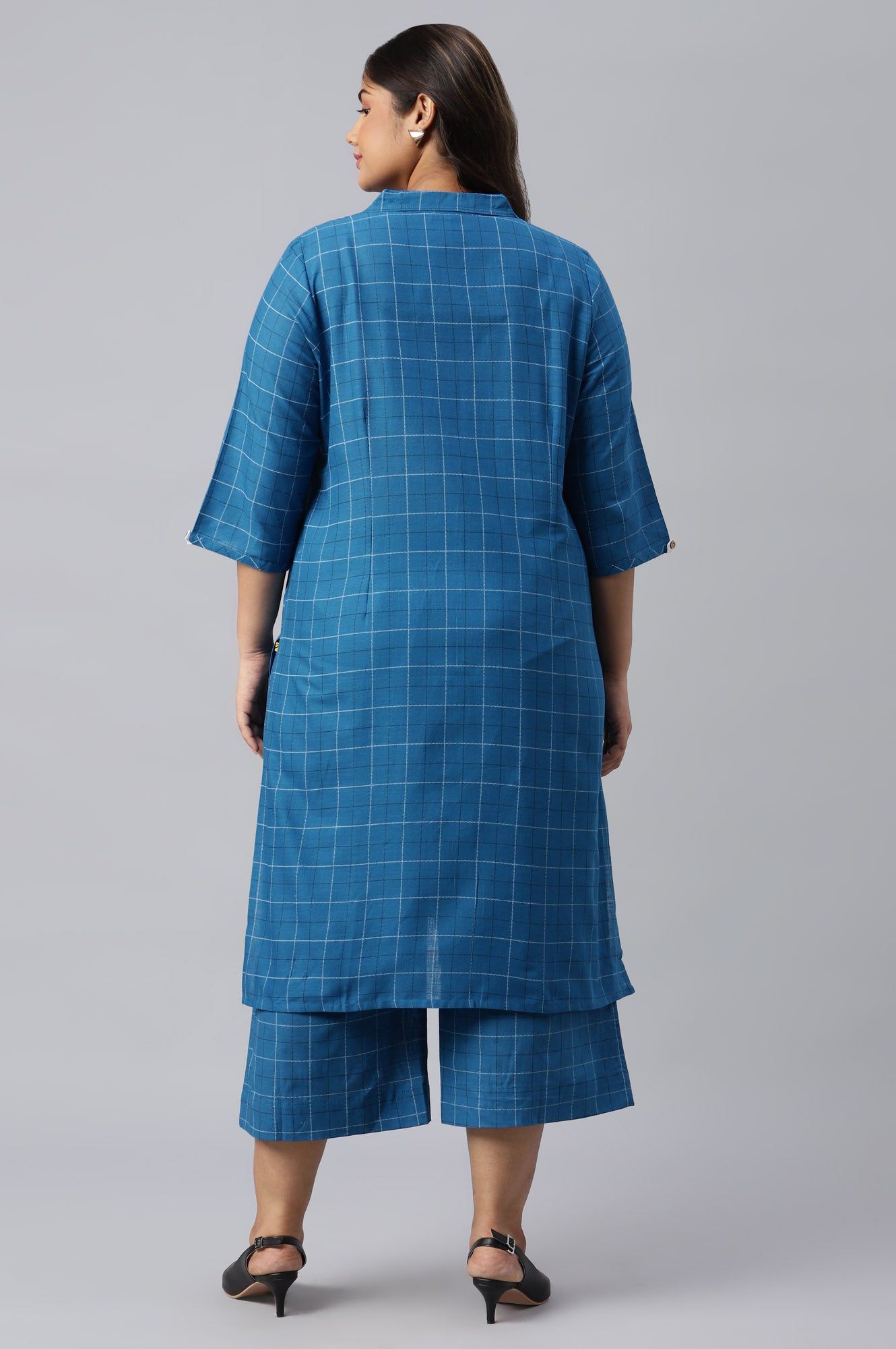 Blue Check Print Shirt Collar Plus Size kurta