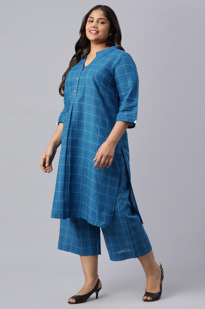 Blue Check Print Shirt Collar Plus Size kurta