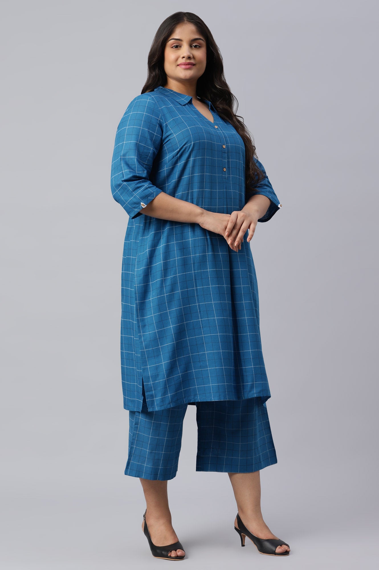 Blue Check Print Shirt Collar Plus Size kurta