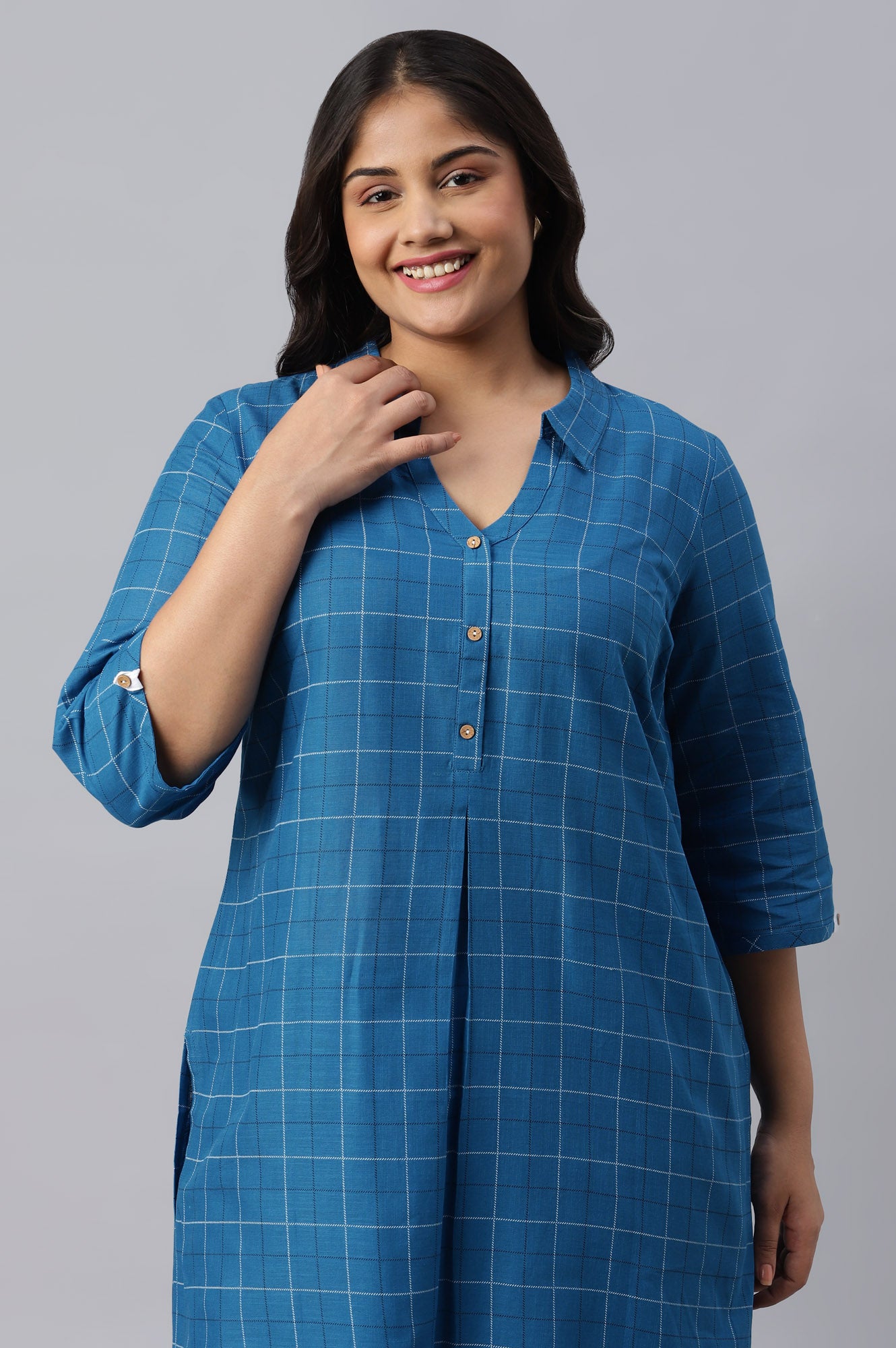 Blue Check Print Shirt Collar Plus Size kurta